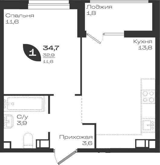 Продается 1-комн. квартира, 32.9 м²