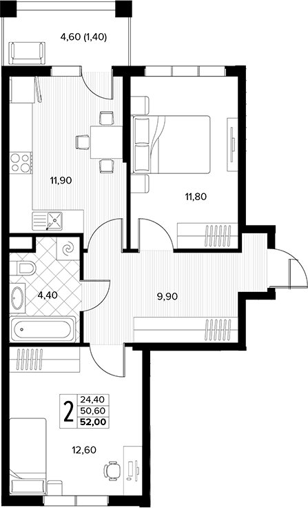 Продается 2-комн. квартира, 50.6 м²