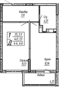 Продается 1-комн. квартира, 43.29 м²