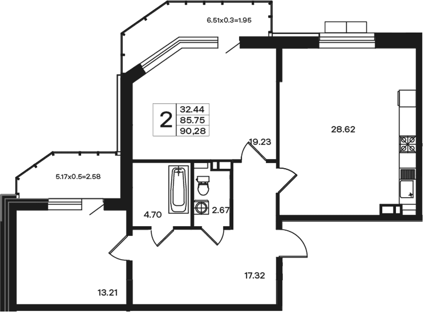 Продается 2-комн. квартира, 85.75 м²