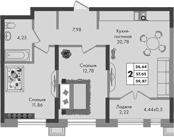 Продается 2-комн. квартира, 57.65 м²