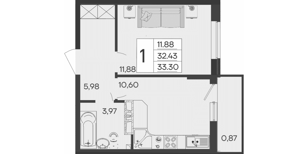 Продается 1-комн. квартира, 32.43 м²