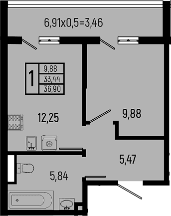Продается 1-комн. квартира, 33.48 м²