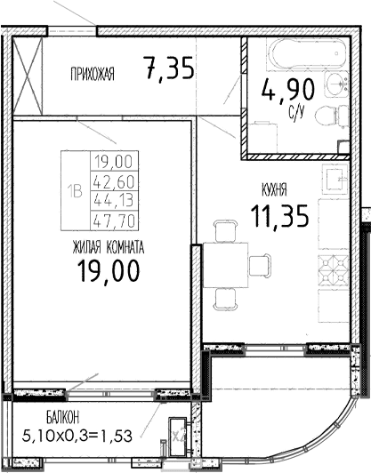 Продается 1-комн. квартира, 42.6 м²