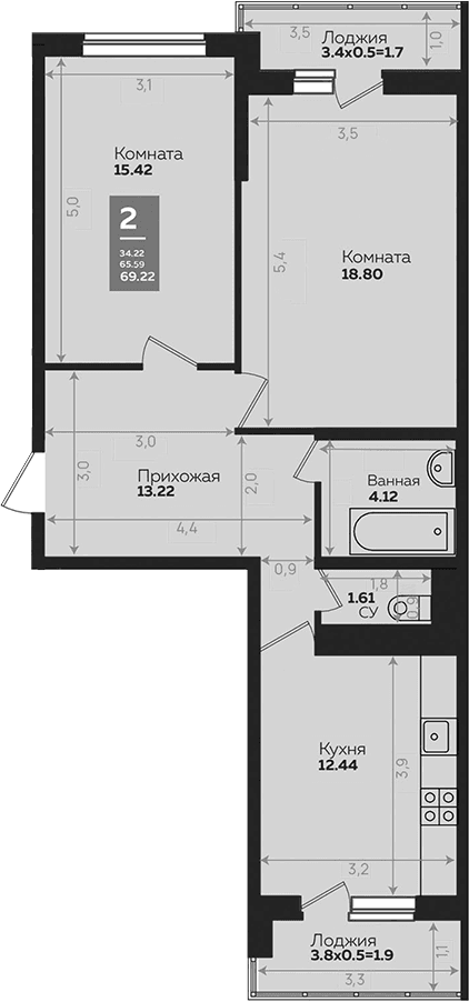 Продается 2-комн. квартира, 65.64 м²