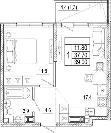 Продается 2-комн. квартира, 37.7 м²