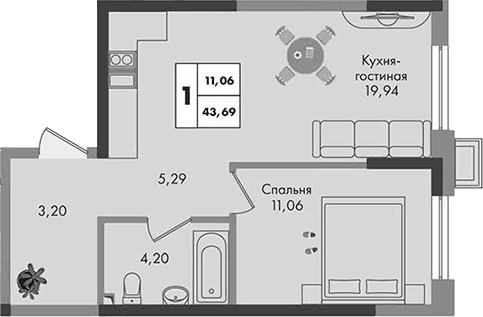 Продается 1-комн. квартира, 43.69 м²