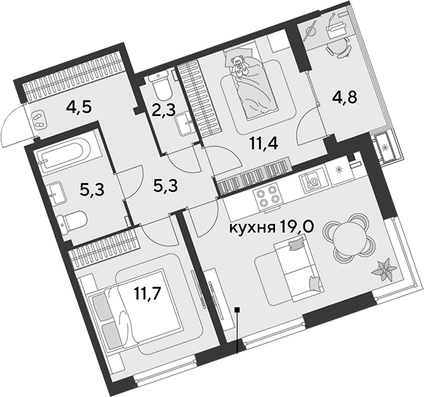 Продается 3-комн. квартира, 59.5 м²
