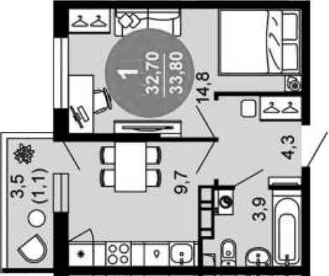 Продается 1-комн. квартира, 32.7 м²
