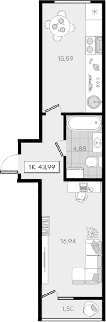 Продается 1-комн. квартира, 42.49 м²