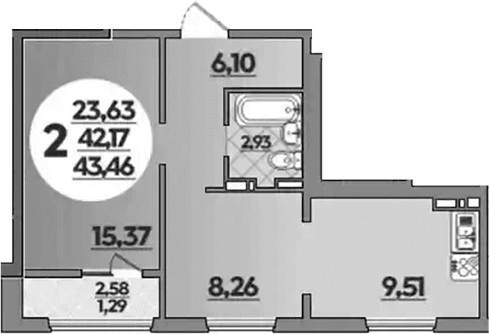 Продается 2-комн. квартира, 42.17 м²