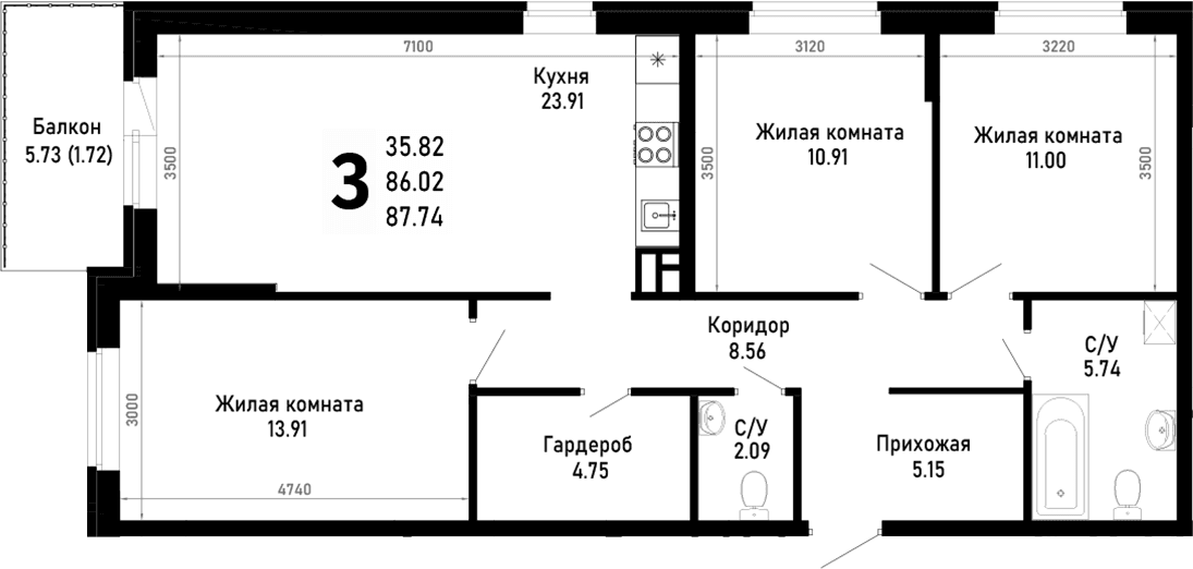 Продается 3-комн. квартира, 86.02 м²