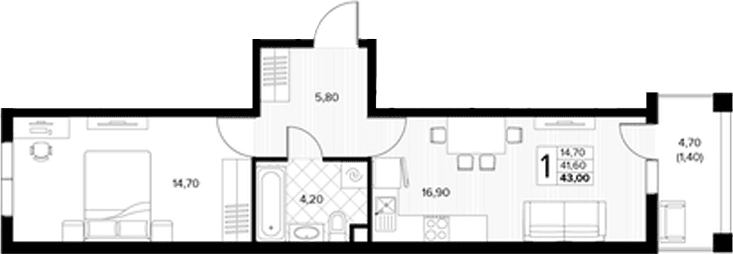 Продается 2-комн. квартира, 41.6 м²