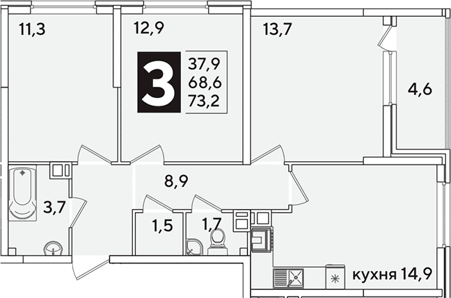 Продается 3-комн. квартира, 68.6 м²