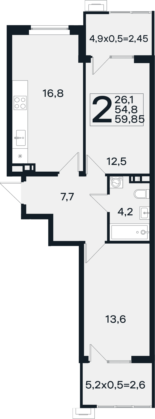 Продается 2-комн. квартира, 54.8 м²