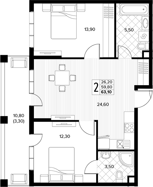 Продается 2-комн. квартира, 59.8 м²
