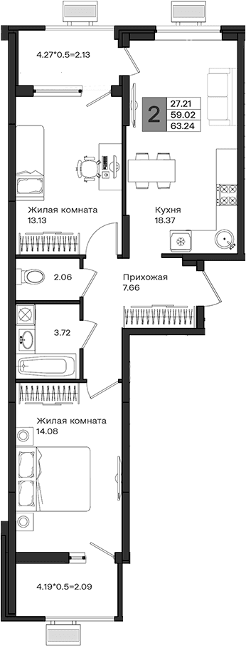Продается 2-комн. квартира, 59.02 м²