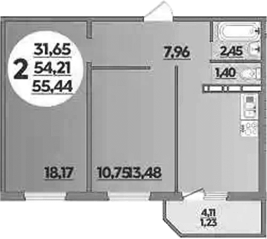 Продается 2-комн. квартира, 54.21 м²