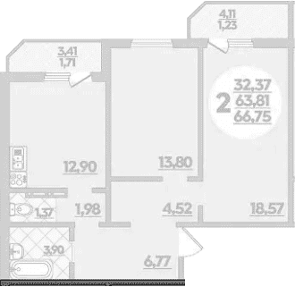 Продается 2-комн. квартира, 63.81 м²