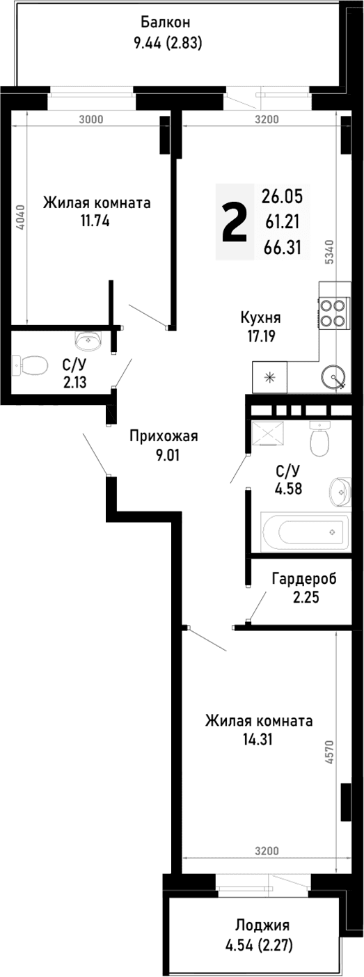 Продается 2-комн. квартира, 61.21 м²
