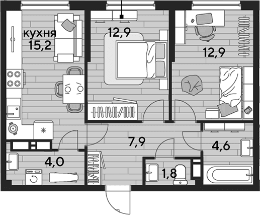 Продается 2-комн. квартира, 59.3 м²