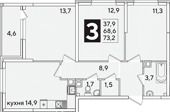 Продается 3-комн. квартира, 68.6 м²