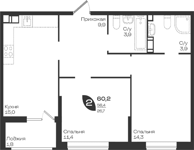 Продается 2-комн. квартира, 58.4 м²