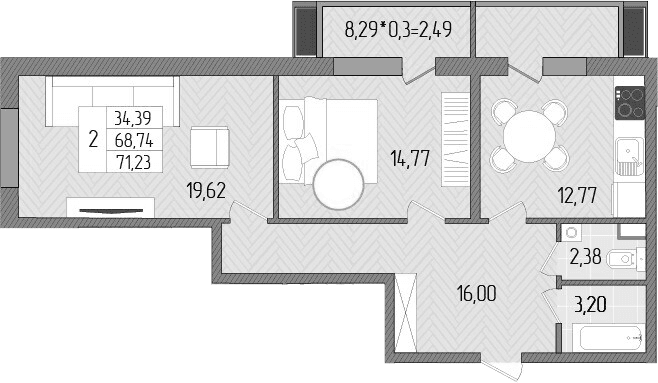 Продается 2-комн. квартира, 68.74 м²
