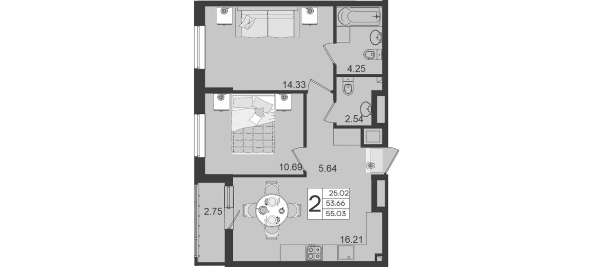 Продается 2-комн. квартира, 53.65 м²