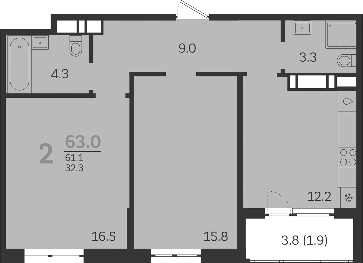 Продается 2-комн. квартира, 61.1 м²