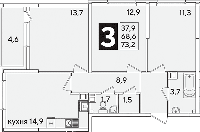 Продается 3-комн. квартира, 68.6 м²