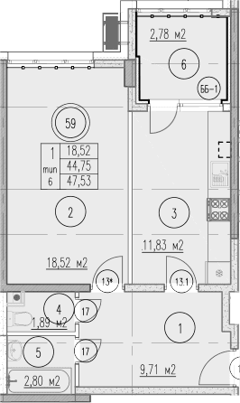 Продается 1-комн. квартира, 44.75 м²