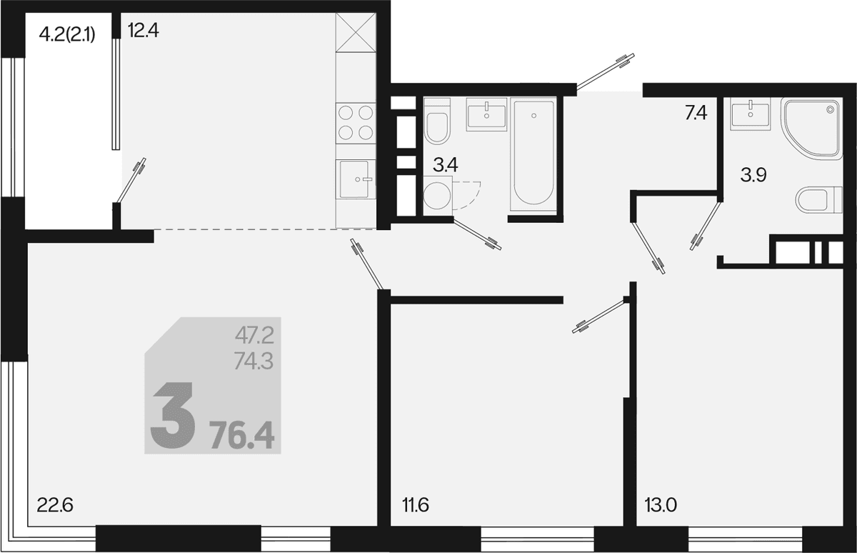 Продается 3-комн. квартира, 74.3 м²