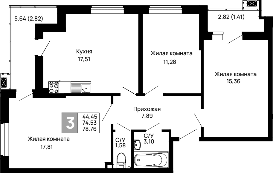 Продается 3-комн. квартира, 74.53 м²
