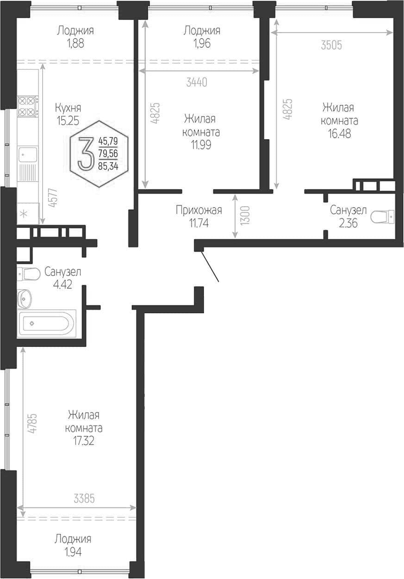 Продается 3-комн. квартира, 79.56 м²