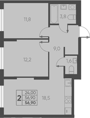 Продается 2-комн. квартира, 56.9 м²