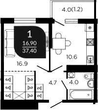 Продается 1-комн. квартира, 37.1 м²