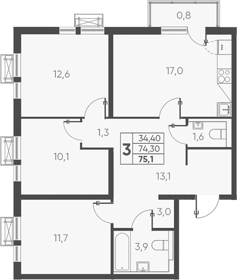 Продается 3-комн. квартира, 76.17 м²