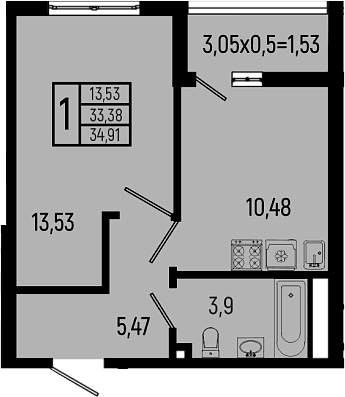 Продается 1-комн. квартира, 33.38 м²