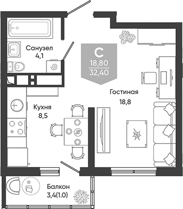 Продается 1-комн. квартира, 31.4 м²