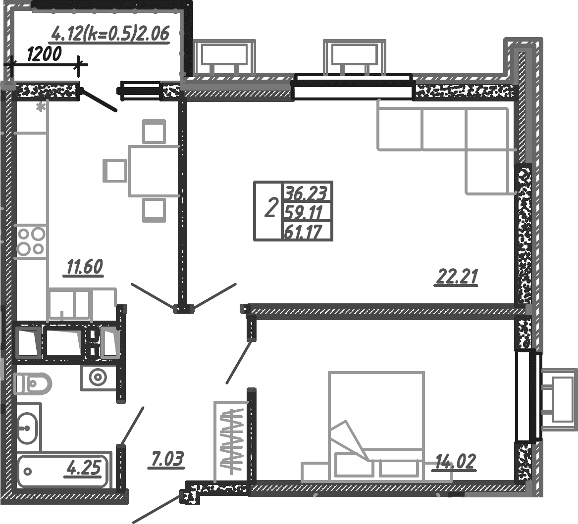 Продается 2-комн. квартира, 61.03 м²