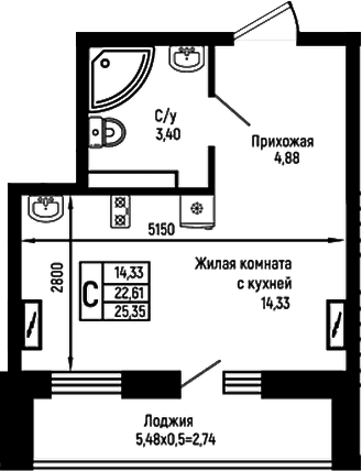 Продается 1-комн. квартира, 22.61 м²