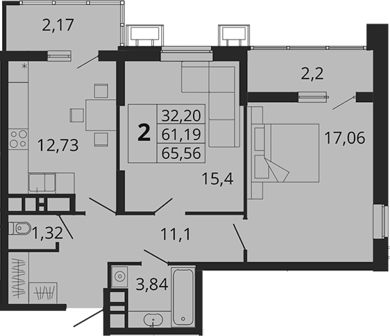 Продается 2-комн. квартира, 62.79 м²