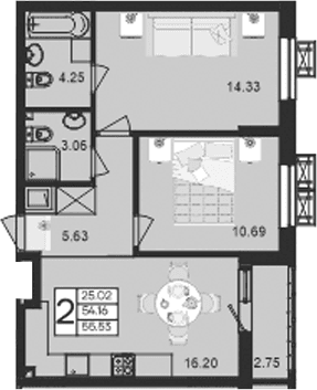 Продается 2-комн. квартира, 54.16 м²