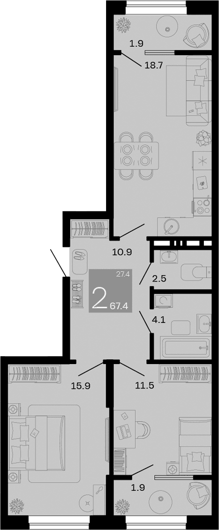 Продается 2-комн. квартира, 63.6 м²