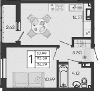 Продается 1-комн. квартира, 32.98 м²