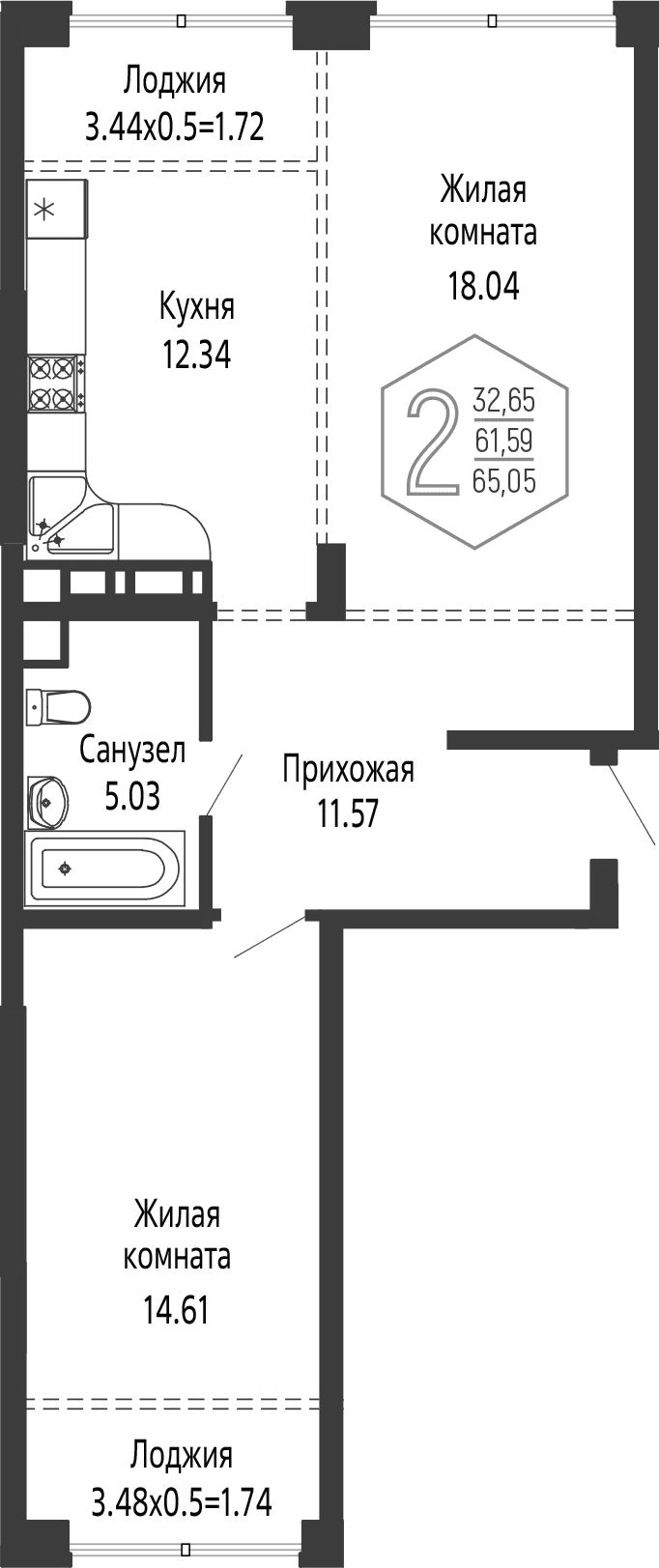 Продается 2-комн. квартира, 61.59 м²