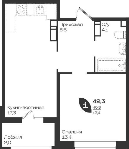 Продается 1-комн. квартира, 40.3 м²