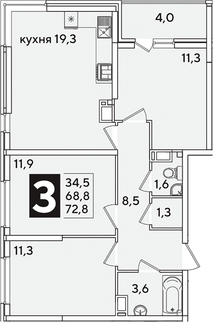 Продается 4-комн. квартира, 68.8 м²