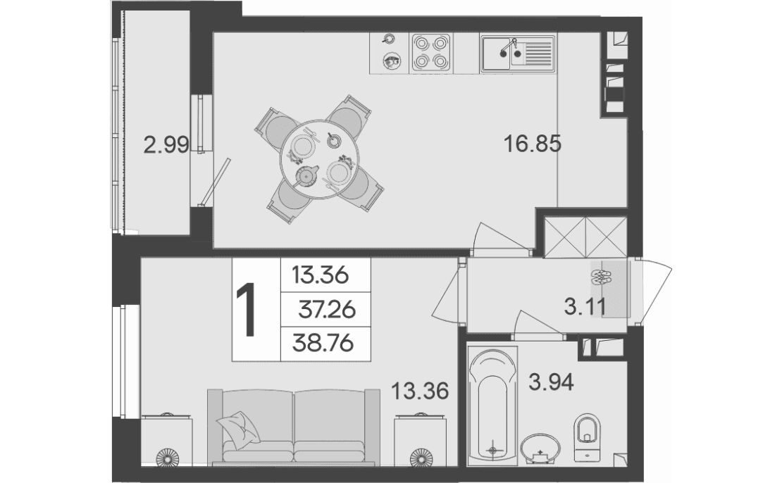 Продается 1-комн. квартира, 37.26 м²